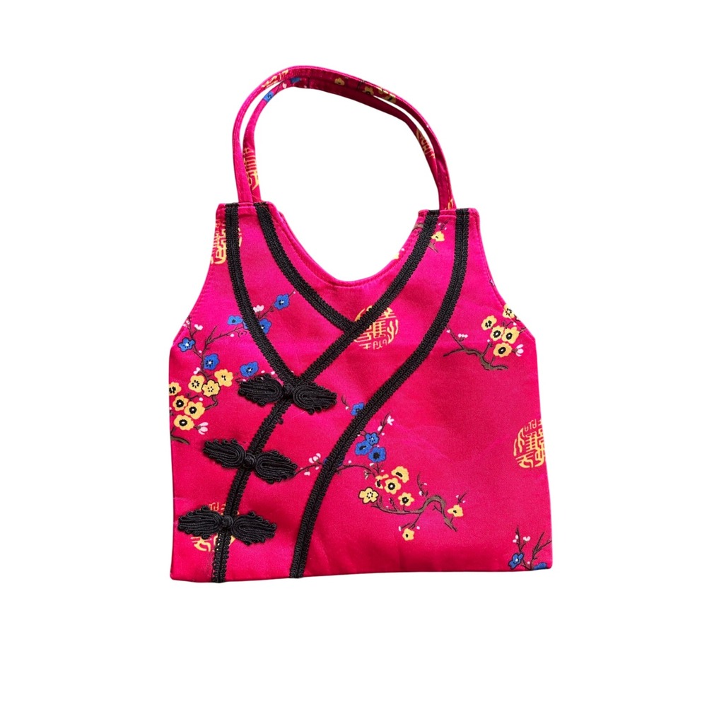 Vintage Pink Satin Floral Handbag‎ Frog Closure Traditional Asian Style Tote